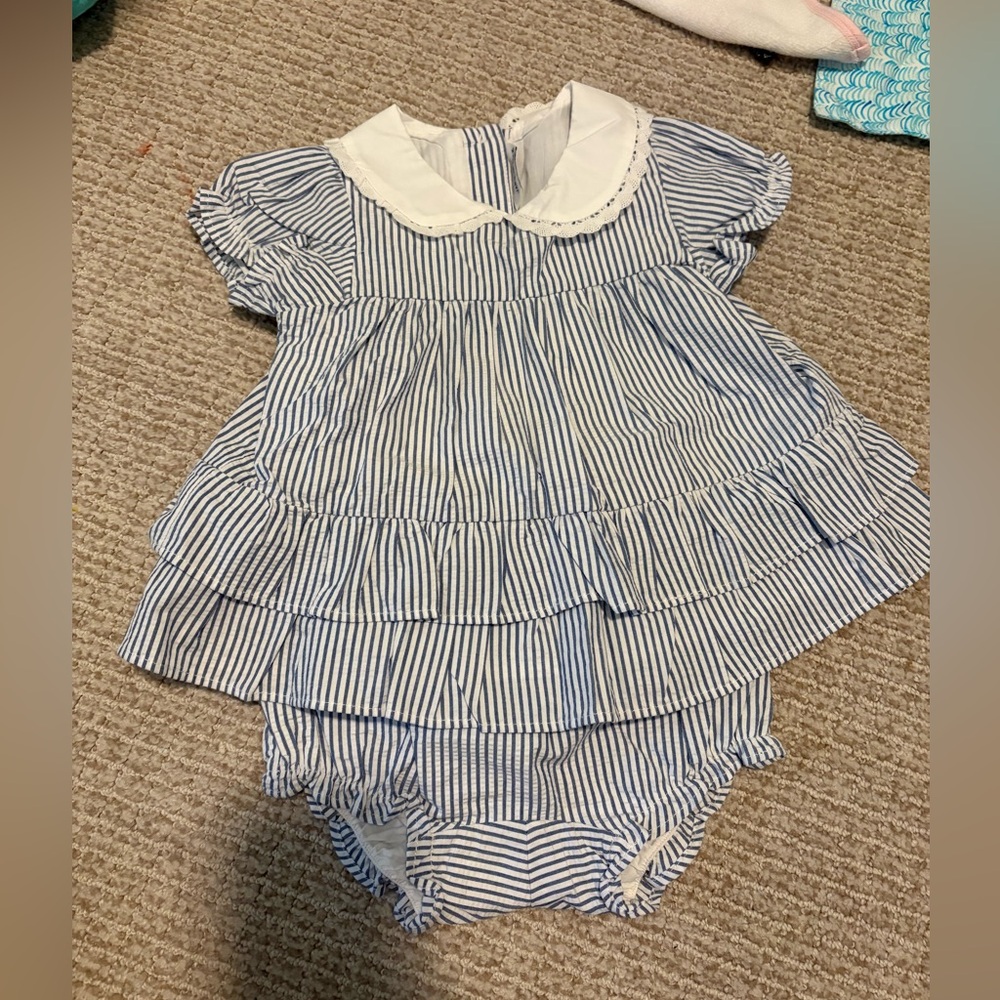 Janie and Jack Blue and White Striped Baby Dress with Bloomers NWT